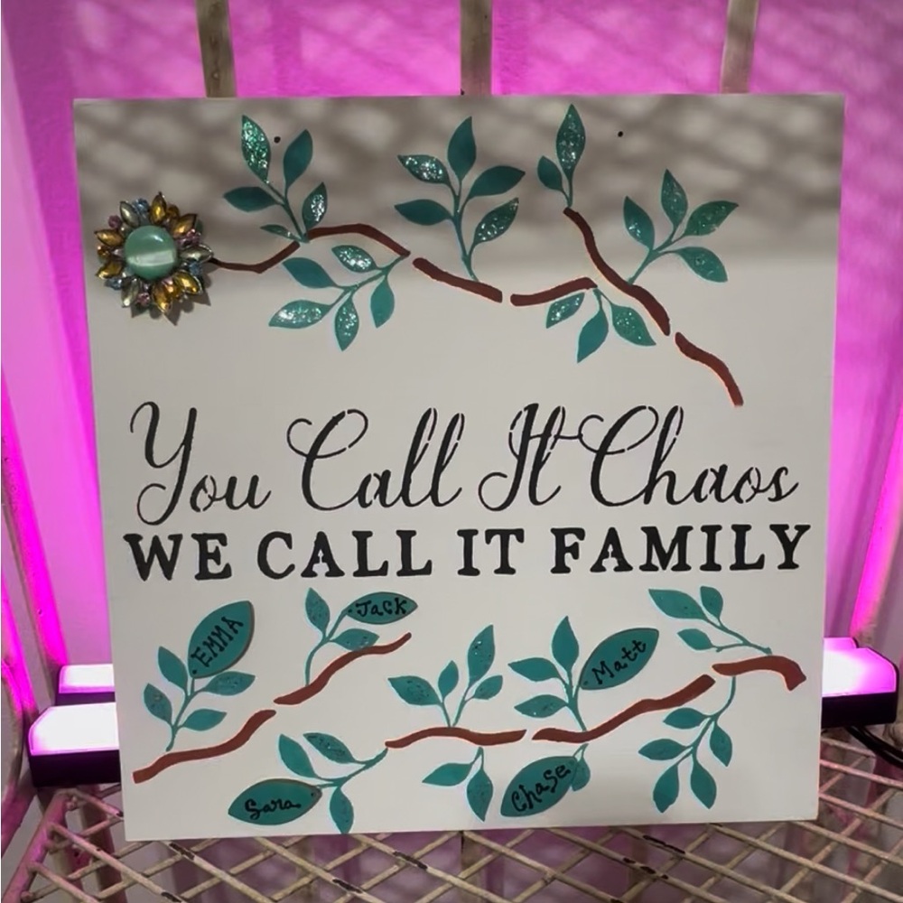12” Custom Family Tree chaos painted wood wall door sign art 4 names handmade